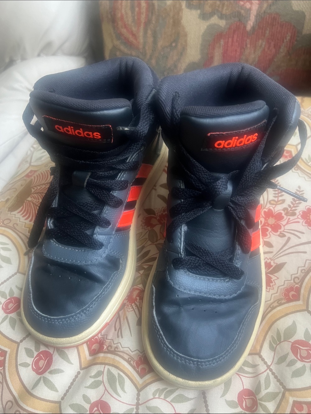 adidas Kids Navy High-Top Sneakers with Bright Orange Stripes